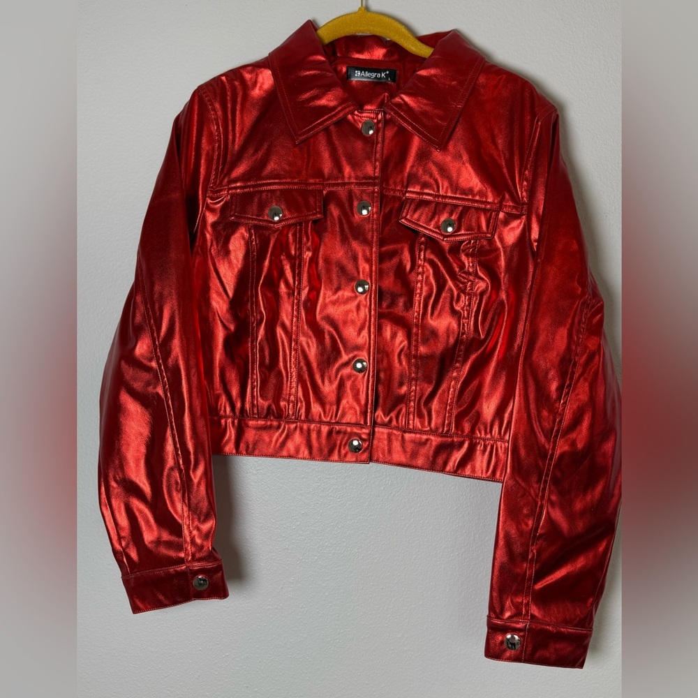 Allegra K Shiny Red Jean Jacket